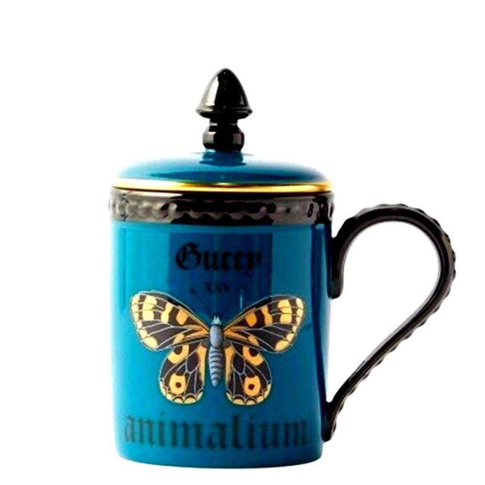 GUCCI XXV Animalium Print Mug Porcelain Butterfly with Lid Blue Black Gold NEW